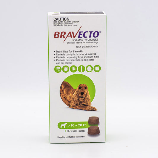 BRAVECTO CHEWS MEDIUM DOG GREEN 10-20KG 2PK